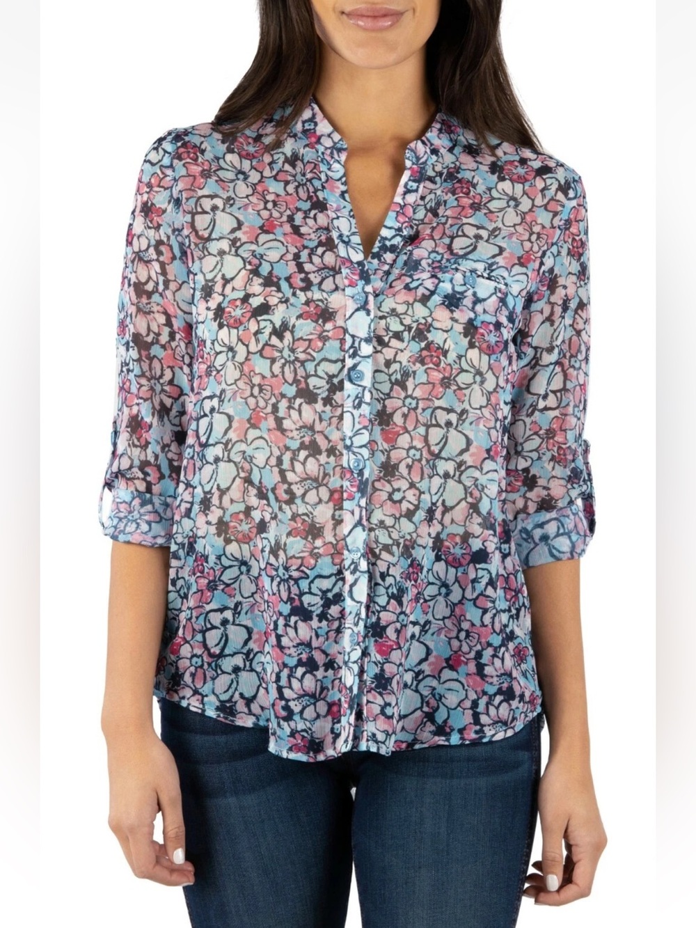 Kut from the Kloth Jasmine Floral Sheer Button Down Blouse Top Size L